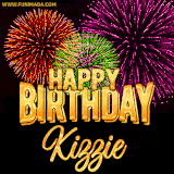 A golden 'Happy Birthday Kizzie' message with vibrant fireworks in the background, creating a festive and celebratory vibe in this animated name GIF.