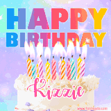 A vibrant animated name GIF with the words 'Happy Birthday Kizzie' with colorful candles on a creamy cake. The background sparkles with pastel shades, adding a festive touch.