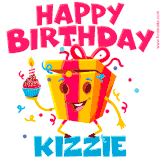 A vibrant and funny gift box character with a happy face dancing with a cupcake and the text 'Happy Birthday Kizzie,' surrounded by animated confetti and party vibes.
