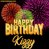 A golden 'Happy Birthday Kizzy' message with vibrant fireworks in the background, creating a festive and celebratory vibe in this animated name GIF.