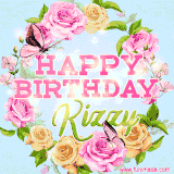 A charming animated GIF featuring 'Happy Birthday Kizzy' in pink and green text, surrounded by delicate roses, leaves, and fluttering butterflies on a soft light blue pastel background.
