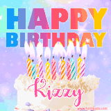 A vibrant animated name GIF with the words 'Happy Birthday Kizzy' with colorful candles on a creamy cake. The background sparkles with pastel shades, adding a festive touch.