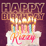 A colorful birthday cake topped with lit candles, with the words 'Happy Birthday Kizzy' in bold glowing letters on a burgundy background. Animated flames add a festive touch.