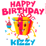 A vibrant and funny gift box character with a happy face dancing with a cupcake and the text 'Happy Birthday Kizzy,' surrounded by animated confetti and party vibes.