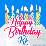 A cheerful animated GIF featuring colorful lit birthday candles on a white cake, with the text 'Happy Birthday Kj' in bold red and blue script on a bright blue background.