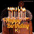 A rich chocolate cake topped with glowing birthday candles and surrounded by bright fireworks. The animated GIF displays the message 'Happy Birthday Kj' in golden text.
