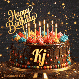 Flickering candles of different colors on top of a chocolate glaze cake with Kj's name in elegant writing.