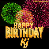 A captivating GIF with bursts of green, pink, and orange fireworks lighting up the night sky, accompanied by 'Happy Birthday Kj' in glowing golden text.