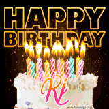 A vibrant animated GIF featuring a delicious birthday cake topped with glowing candles and the name 'Kj' in elegant script, and the words 'Happy Birthday' on the black background.