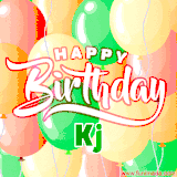 Animated GIF featuring colorful balloons in the background with the cheerful text 'Happy Birthday Kj'.