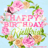 A charming animated GIF featuring 'Happy Birthday Kjellfrid' in pink and green text, surrounded by delicate roses, leaves, and fluttering butterflies on a soft light blue pastel background.