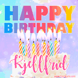 A vibrant animated name GIF with the words 'Happy Birthday Kjellfrid' with colorful candles on a creamy cake. The background sparkles with pastel shades, adding a festive touch.