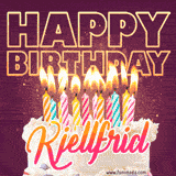 A colorful birthday cake topped with lit candles, with the words 'Happy Birthday Kjellfrid' in bold glowing letters on a burgundy background. Animated flames add a festive touch.