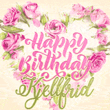 A stunning heart made of pink roses surrounds the elegant script text 'Happy Birthday Kjellfrid' on a soft beige background. Animated sparkles add a magical and festive feel.