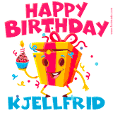 A vibrant and funny gift box character with a happy face dancing with a cupcake and the text 'Happy Birthday Kjellfrid,' surrounded by animated confetti and party vibes.