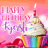 A vibrant birthday GIF featuring a rainbow-colored cupcake topped with white frosting, sprinkles, and a lit candle. The text reads 'Happy Birthday Kjersti' in bold pink and violet letters with white outline.