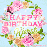 A charming animated GIF featuring 'Happy Birthday Kjersti' in pink and green text, surrounded by delicate roses, leaves, and fluttering butterflies on a soft light blue pastel background.