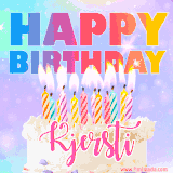 A vibrant animated name GIF with the words 'Happy Birthday Kjersti' with colorful candles on a creamy cake. The background sparkles with pastel shades, adding a festive touch.