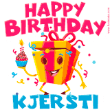 A vibrant and funny gift box character with a happy face dancing with a cupcake and the text 'Happy Birthday Kjersti,' surrounded by animated confetti and party vibes.