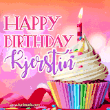 A vibrant birthday GIF featuring a rainbow-colored cupcake topped with white frosting, sprinkles, and a lit candle. The text reads 'Happy Birthday Kjerstin' in bold pink and violet letters with white outline.