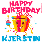 A vibrant and funny gift box character with a happy face dancing with a cupcake and the text 'Happy Birthday Kjerstin,' surrounded by animated confetti and party vibes.
