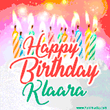 Bright birthday candles with rainbow flames on a cake, alongside the text 'Happy Birthday Klaara' in vibrant script in this celebratory animated GIF.