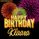 A golden 'Happy Birthday Klaara' message with vibrant fireworks in the background, creating a festive and celebratory vibe in this animated name GIF.