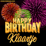 A golden 'Happy Birthday Klaartje' message with vibrant fireworks in the background, creating a festive and celebratory vibe in this animated name GIF.
