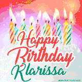 Bright birthday candles with rainbow flames on a cake, alongside the text 'Happy Birthday Klarissa' in vibrant script in this celebratory animated GIF.