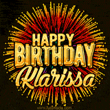 Golden 'Happy Birthday Klarissa' text accompanied by animated rainbow fireworks for a festive animated greeting.