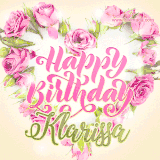 A stunning heart made of pink roses surrounds the elegant script text 'Happy Birthday Klarissa' on a soft beige background. Animated sparkles add a magical and festive feel.