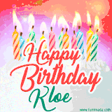 Bright birthday candles with rainbow flames on a cake, alongside the text 'Happy Birthday Kloe' in vibrant script in this celebratory animated GIF.