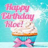 A festive cupcake with pink icing, a gingham bow, and a lit animated sparkler, paired with 'Happy Birthday Kloe!' in bright pink text.