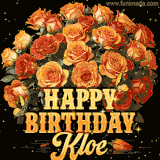 Animated bouquet of orange roses with moving butterfles and golden 'Happy Birthday Kloe' text, surrounded by sparkling accents and a dark backdrop for a luxurious feel.