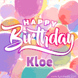 A vibrant name GIF featuring colorful balloons in shades of pink, orange, and yellow with the bold text 'Happy Birthday Kloe' in festive fonts, creating a lively birthday vibe.