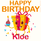 A vibrant and funny gift box character with a happy face dancing with a cupcake and the text 'Happy Birthday Kloe,' surrounded by animated confetti and party vibes.