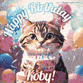 Happy birthday gif for Koby with cat and cake