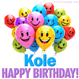 An animated birthday-themed name GIF with colorful smiling balloons and bold 'Kole, Happy Birthday!' text for a celebratory touch.