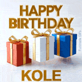 Classic and bold Happy Birthday Kole animated message accompanied by three bouncing gift boxes designed perfectly for a masculine birthday greeting