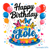 Shimmering colors and scattered confetti around a personalized cake with butterflies and balloons for Kole.