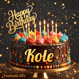 Close-up of colorful whipped cream toppings on a chocolate cake with flickering candles, custom-designed for Kole.