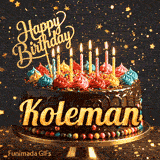 Festive chocolate birthday cake decorated with colorful frosting and candles under sparkling golden stars, personalized for Koleman.