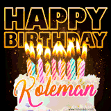 A vibrant animated GIF featuring a delicious birthday cake topped with glowing candles and the name 'Koleman' in elegant script, and the words 'Happy Birthday' on the black background.