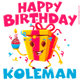 A funny animated birthday GIF with the words 'Happy Birthday Kolemana', colorful gift box with arms and legs, holding a cupcake with a lit candle  with confetti everywhere.