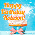 A cheerful animated GIF of a cupcake with creamy frosting, a red checkered ribbon, and a bright sparkler on top. The text 'Happy Birthday Koleson!' is displayed in vibrant orange and red.