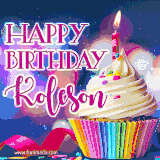 A festive animated GIF featuring a colorful cupcake with a single lit candle, sprinkles, and 'Happy Birthday Koleson' text against a sparkling, celebratory background.