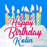 A cheerful animated GIF featuring colorful lit birthday candles on a white cake, with the text 'Happy Birthday Kolin' in bold red and blue script on a bright blue background.