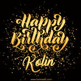 Animated GIF with colorful, festive 'Happy Birthday Kolin' text decorated with patterns, a party hat, and falling confetti. A vibrant and cheerful design for birthday celebrations.