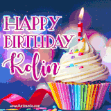 A festive animated GIF featuring a colorful cupcake with a single lit candle, sprinkles, and 'Happy Birthday Kolin' text against a sparkling, celebratory background.