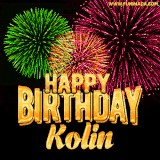 A captivating GIF with bursts of green, pink, and orange fireworks lighting up the night sky, accompanied by 'Happy Birthday Kolin' in glowing golden text.
